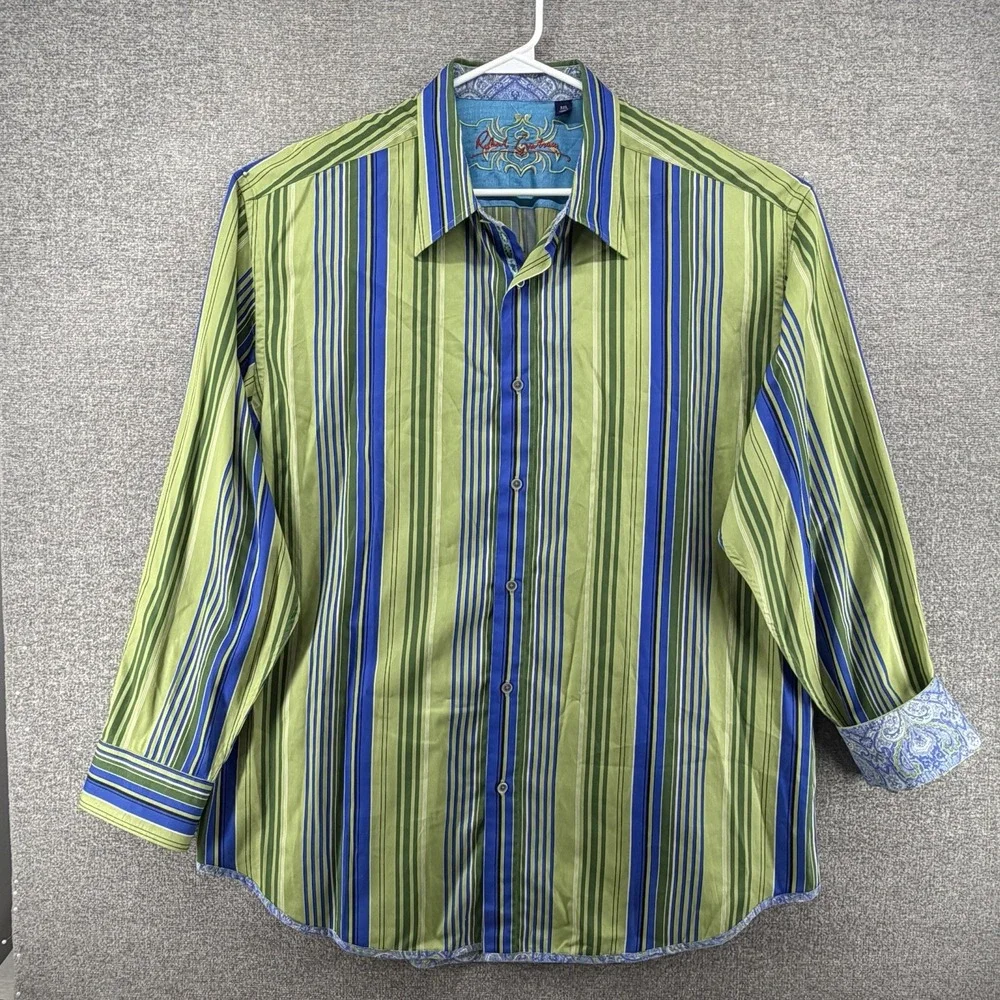 Robert Graham Shirt Men Size 3XL Green Striped Flip Cuff Button Up Paisley
